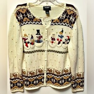 𝅺designer Originals Studio Joy Vintage Snowman Cardigan Sweater, Size Large, 3D